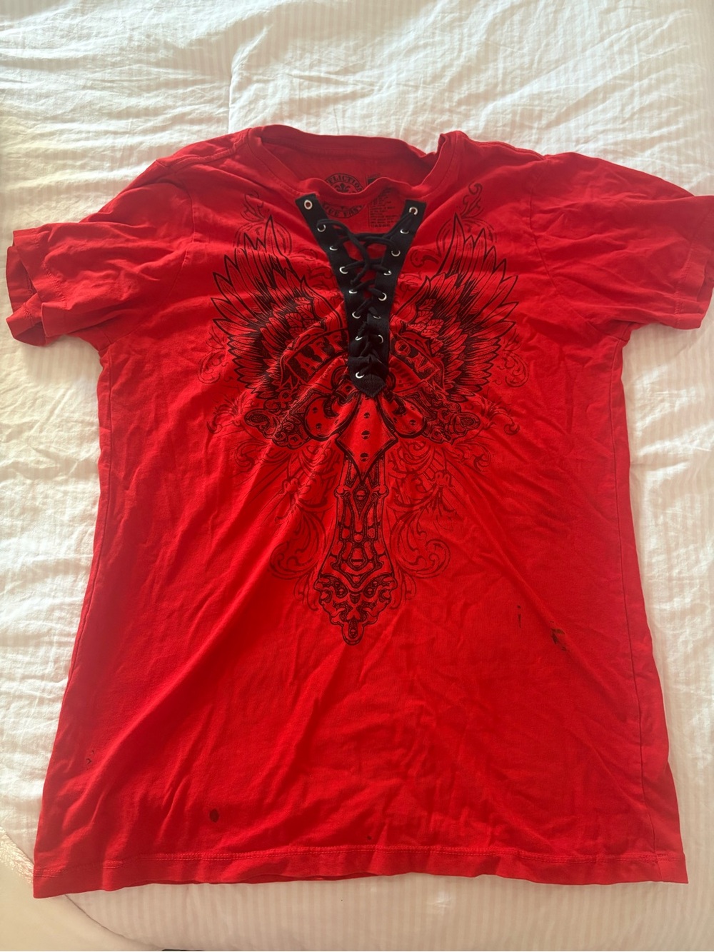 Y2K Affliction Red Short-Sleeve Lace-Up Graphic Tee